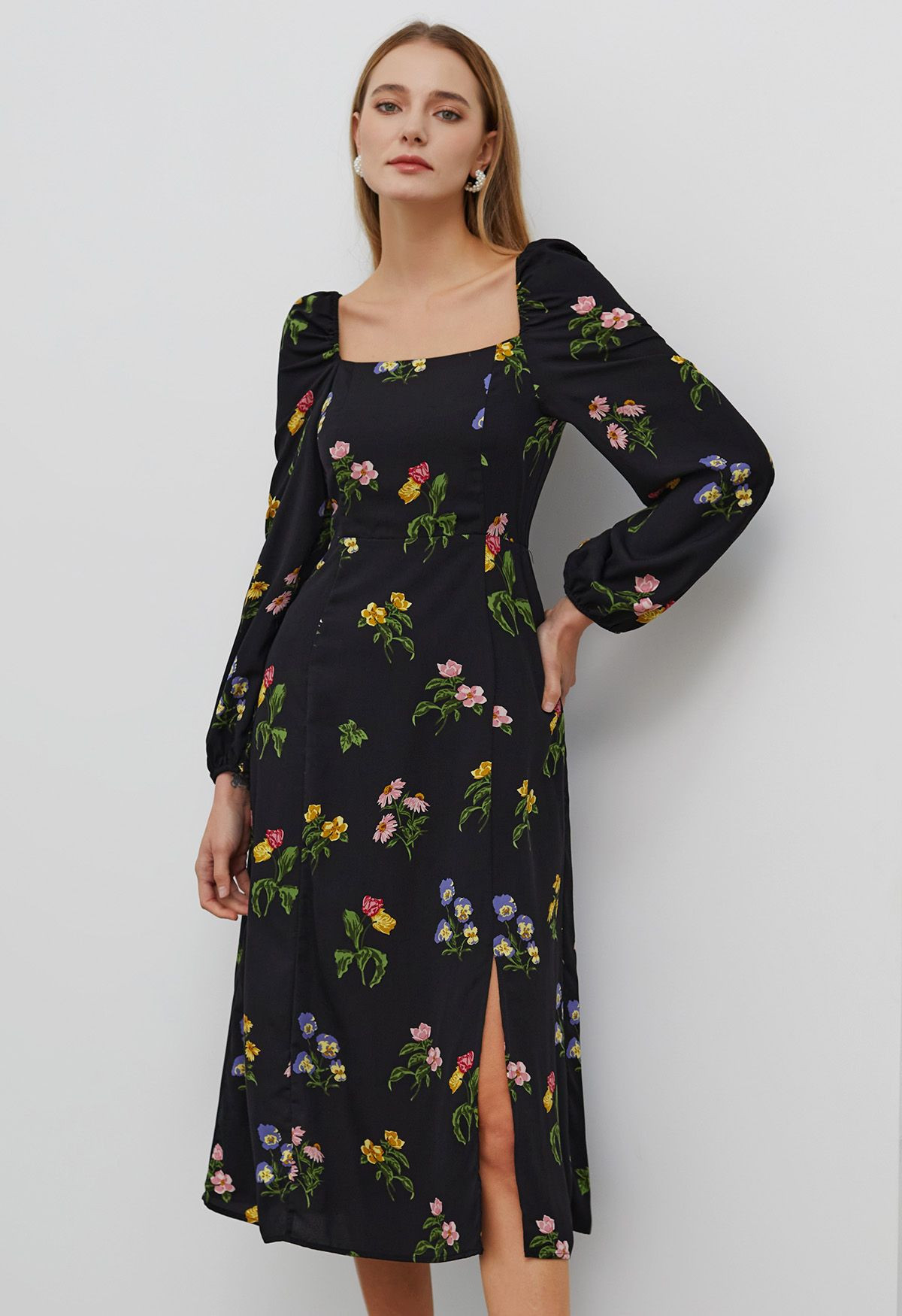 Botanical Print Square Neck Midi Dress | Chicwish