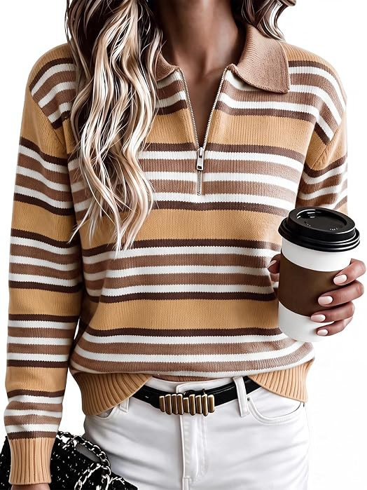 Fisoew Womens Quarter Zip Striped Sweater Collared Long Sleeve Pullover Top | Amazon (US)