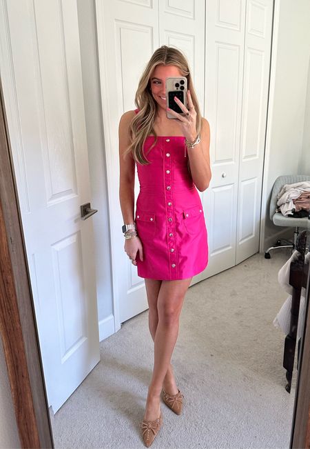 Amanda Uprichard. @amandauprichard #amandauprichard | Amanda Uprichard Archie dress in nylon hot pink size XS. Fitted Mini Dress, Wide Straps, Patch Pockets, Front Button Snaps 

#LTKstyletip #LTKSeasonal #LTKwedding