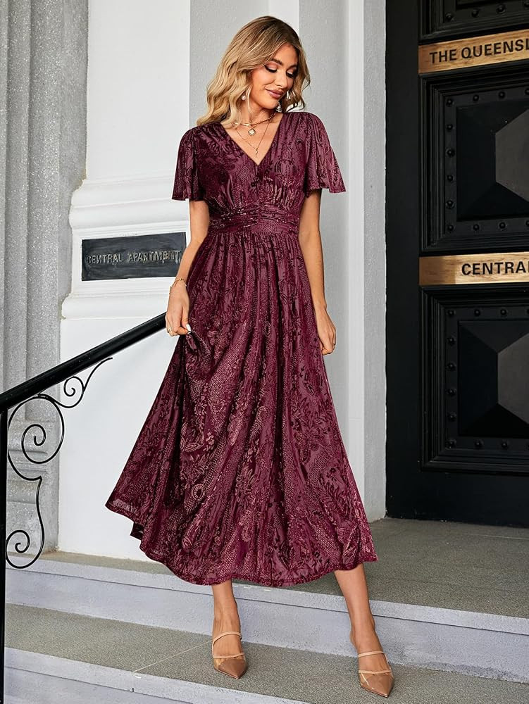Simplee Women Boho Floral Maxi Dress Flowy Casual V Neck Short Sleeve Wedding Guest Holiday Beach Long Dress | Amazon (US)