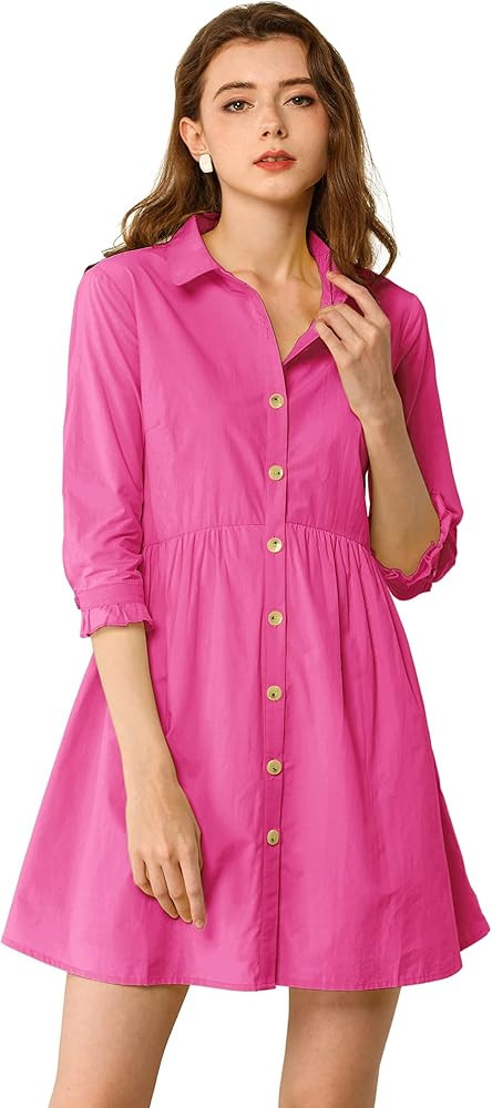 Allegra K Women's Casual Shirt Dress Ruched 3/4 Sleeve Button Up Mini Dresses | Amazon (US)