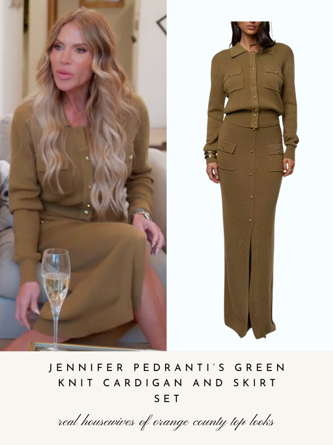 Jennifer Pedranti's Green knit Cardigan and Skirt Set 

 