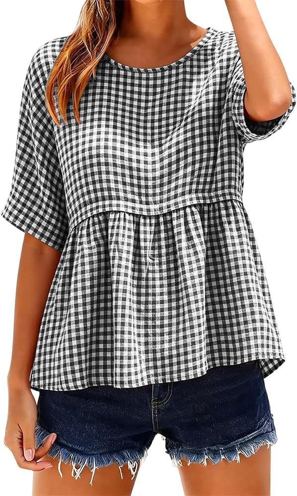 Womens Short Sleeve Summer Tops Striped Plaid Crew Neck Pleated Shirts Business Casual Cute Babyd... | Amazon (US)