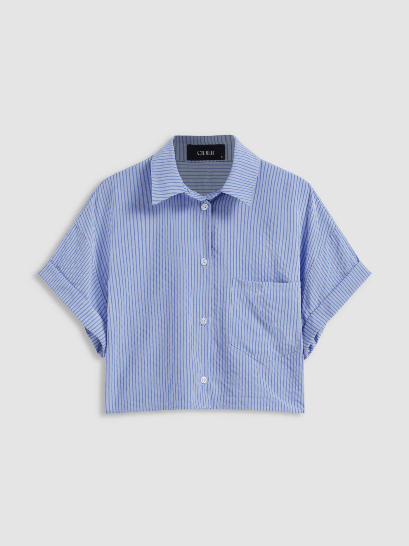 Woven Collar Striped Pocket Roll Hem Oversized Short Sleeve Crop Shirt For School Holiday | Cider