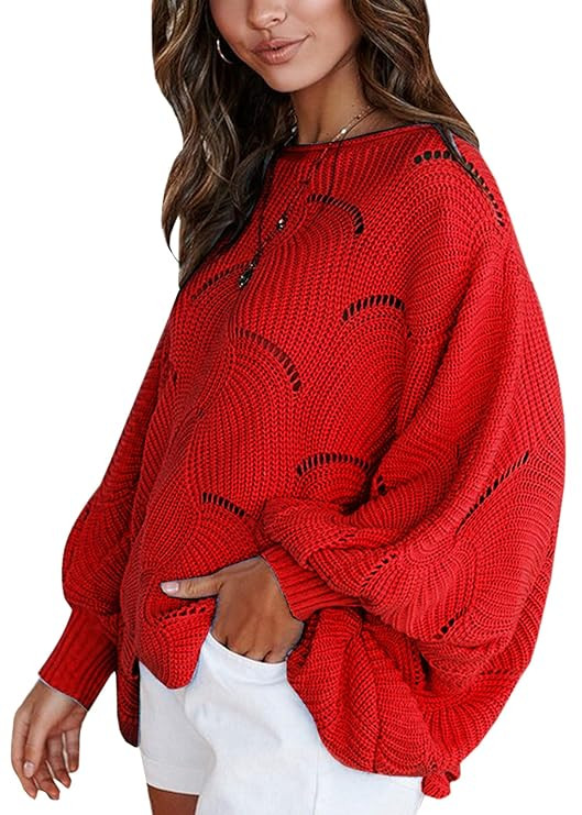 ECOWISH Women Sweater Oversized Lantern Sleeve Jumper Irregular Wave Hem Knitted Pullover Sweater... | Amazon (US)