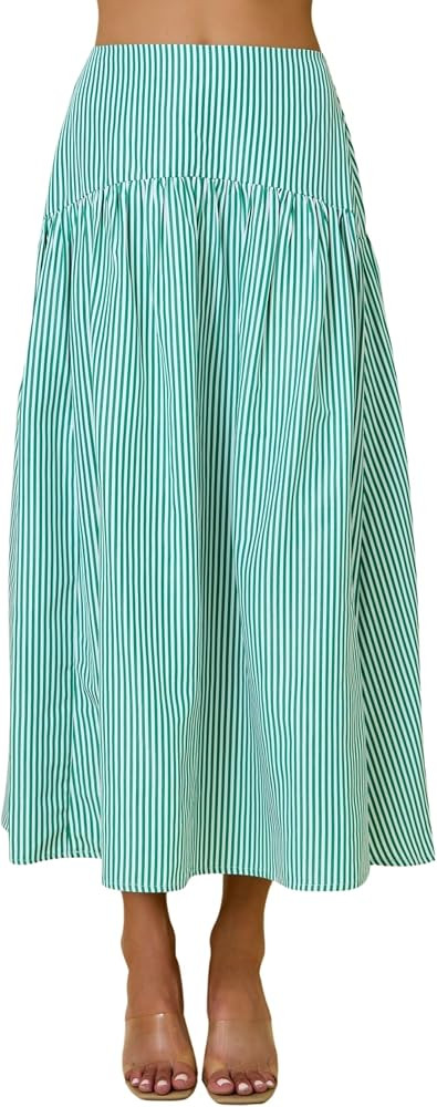 Mannjin Women's Stripe Flared Maxi Skirt with Smocked High Back Waist Long Skirts Summer Beach Va... | Amazon (US)