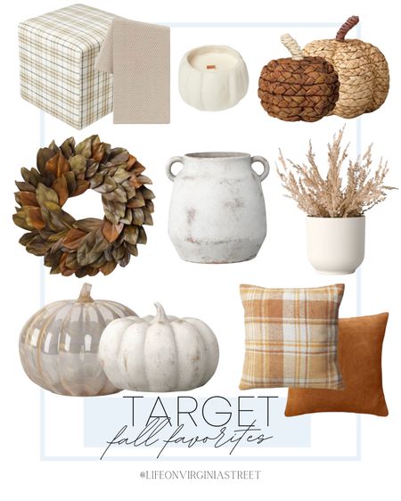 Here are some of my fall favorites from Target! I love that these have designer looks but are affordable and great quality!

Fall wreath, ceramic pumpkin, glass pumpkin, wicker pumpkin, fall throw pillows, ceramic vase, dried pampas, pumpkin candle, plaid stool, throw blanket

#LTKstyletip #LTKhome #LTKSeasonal