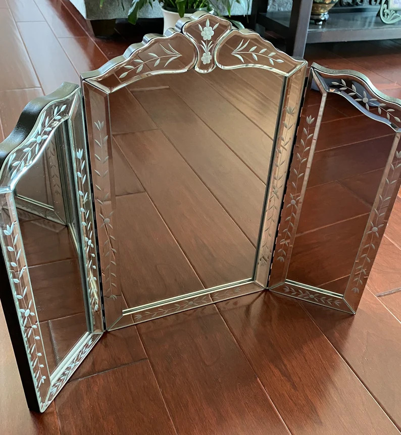 Ornate Victorian Venetain Mirror Trifold Etched Beveled Wall Table Vanity Makeup | Etsy (US)
