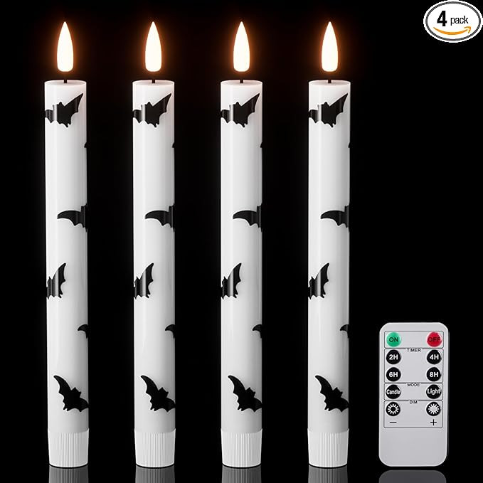 Wondise Halloween Flameless Taper Candles with Remote & Timer, 4 Pack Bats Halloween Candles Batt... | Amazon (US)