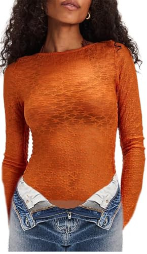 Women Sexy Sheer Lace Undershirt Floral Layering Long Sleeve See Through Tops Mesh Tight Shirt Party Top Blouses Orange | Amazon (US)