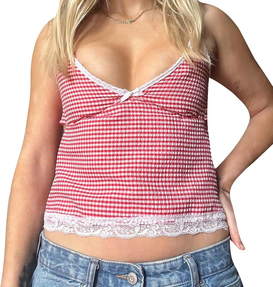 Women Gingham Tank Top Y2k Lace Trim Cami Top Sleeveless Plaid Camisole Summer Coquette Shirts Cu... | Amazon (US)