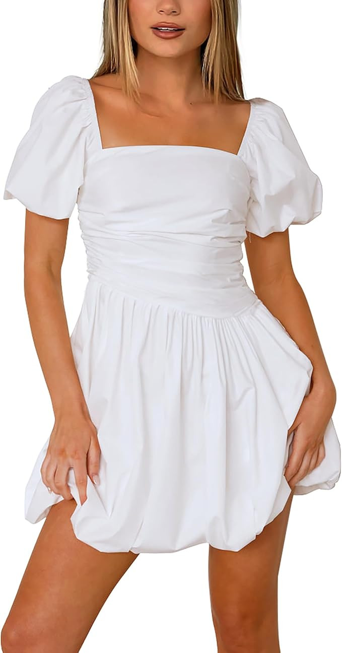 HYPERFIRE Women's Square Neck Short Puff Sleeve Bubble Dress Smocked Ruched Dresses Casual Wear | Amazon (US)