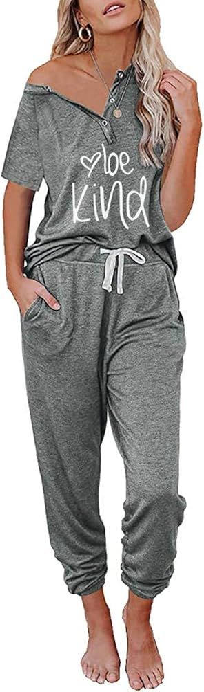 MITILLY Women's Summer Two Piece Outfit Short Sleeve Button Up Jogger Loungewear Sweatsuit Sets | Amazon (US)
