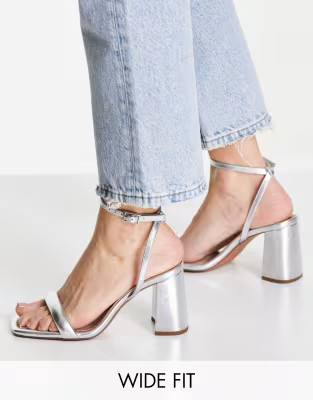 ASOS DESIGN Wide Fit Hilton barely there block heeled sandals in silver | ASOS (Global)
