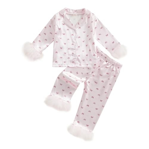 Kuriozud Toddler Kids Little Girls Valentines Day Satin Pajamas Bow Print Feather Trim Sleeve Button Down Sleepwear Pjs Set (a-bow-Pink, 8-9 Years) | Amazon (US)