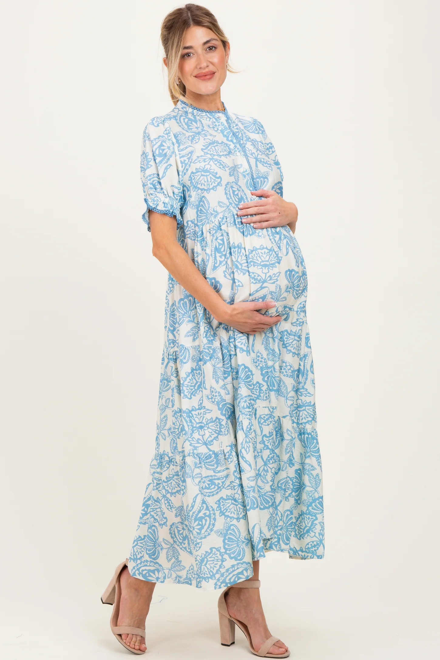 Light Blue Paisley Print Tiered Maternity Midi Dress | PinkBlush Maternity