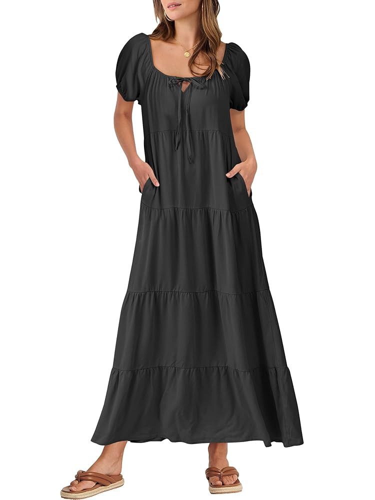 ANRABESS Women's Boho Maxi Dresses 2025 Summer Casual Floral Puff Short Sleeve Tie Front Flowy Sw... | Amazon (US)