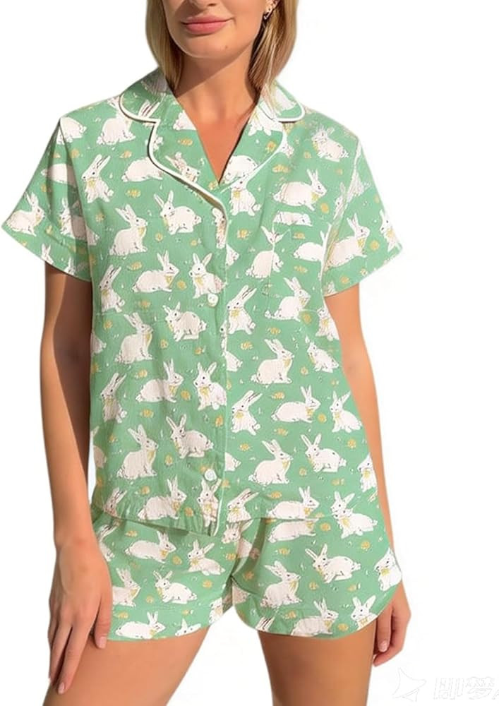 Women's 2PCS Easter Lounge Set Short Sleeve Lapel Bunny Print Button Up Tops Shorts Sleepwear Set... | Amazon (US)