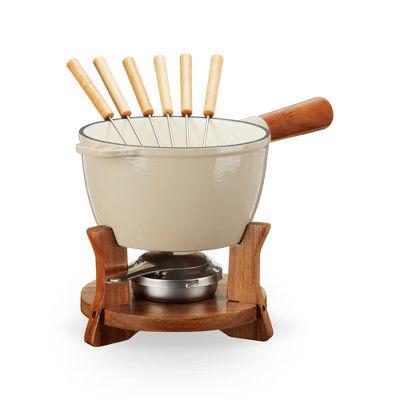 Twine Cast Iron Fondue Set with Wood Stand and Forks, Chocolate Melting Pot, Cheese Fondue Kit Set, Housewarming Gifts, Wedding Gifts, 8.5", Beige | Target