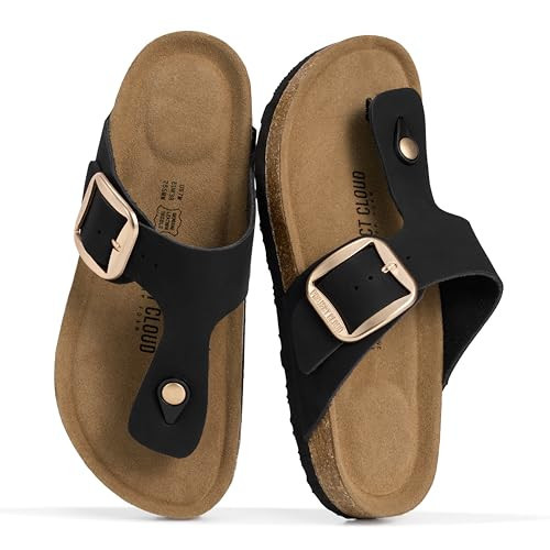 Project Cloud Genuine Leather Thong Sandals Women Water-Resistant Beach Essentials Womens Sandals - Flip Flops for Women Footwear Memory Foam Insole Womens Slides (MALAGA,BLKLEA,8.5) | Amazon (US)