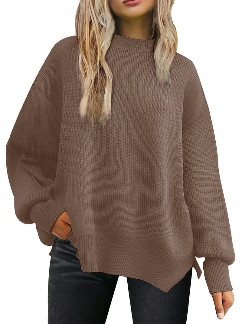 MOSHU Crewneck Sweaters for Women Drop Shoulder Long Sleeve Tops Side Slit Oversized Pullover Swe... | Walmart (US)