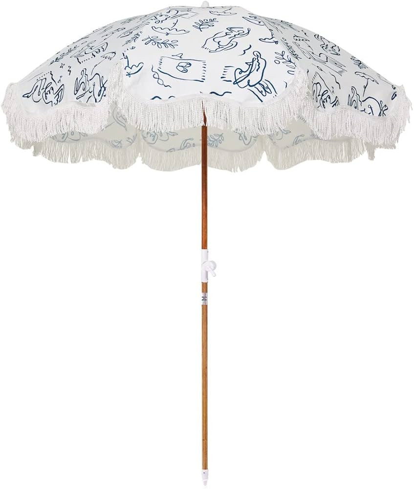 Business & Pleasure Co. Holiday Umbrella - Boho Beach Umbrella with White Fringe, UPF 50+, 1" Til... | Amazon (US)