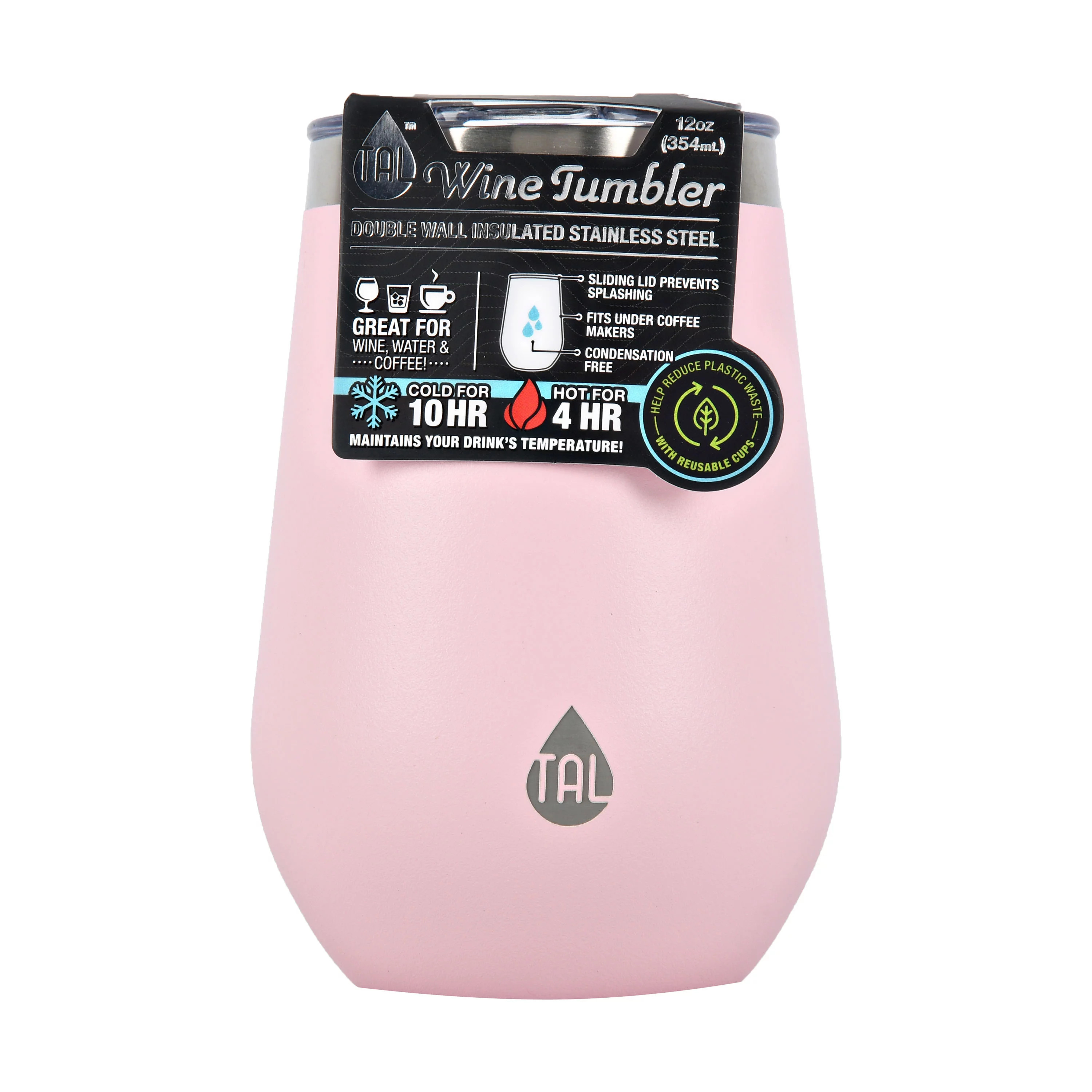 TAL Double Wall Insulated Stainless Steel Wine Tumbler 12oz, Pink - Walmart.com | Walmart (US)