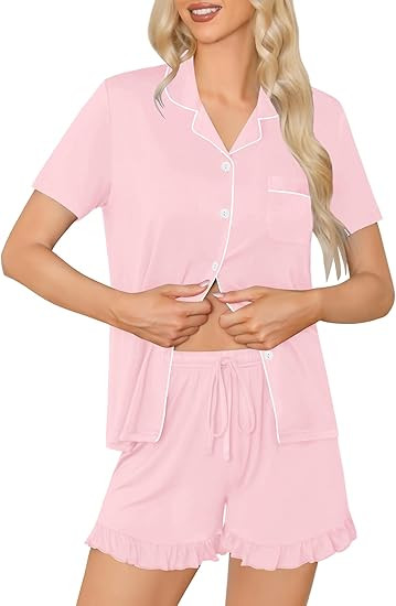 SWOMOG Women Pajama Set Short Sleeve Sleepwear Ruffle Hem Shorts Soft Button-Down Pj Set Two-Piec... | Amazon (US)