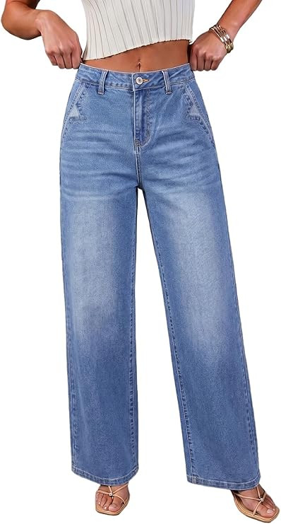 Dokotoo Women's Casual Mid Waisted Distressed Straight Wide Leg Stretchy Jeans Baggy Denim Pants | Amazon (US)