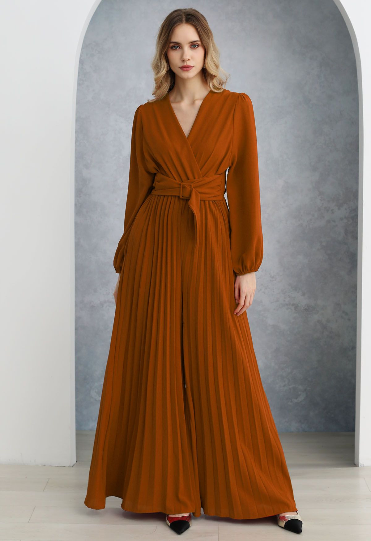 Sash Adorned Wide Leg Pleated Jumpsuit in Orange | Chicwish