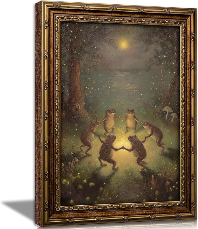 Vintage Gold Framed Frog Wall Art,Frogs Dancing in Moonlight Forest Painting Canvas Prints,Whimsi... | Amazon (US)