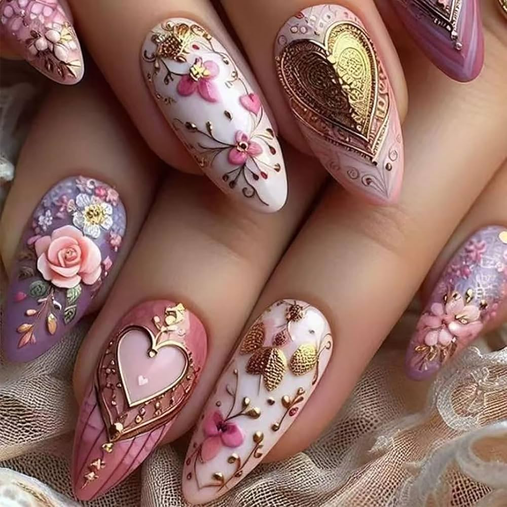 Valentine Press on Nails Medium Length Fake Nails Almond Fake Nails with Glue Heart Rose Glue on ... | Amazon (US)