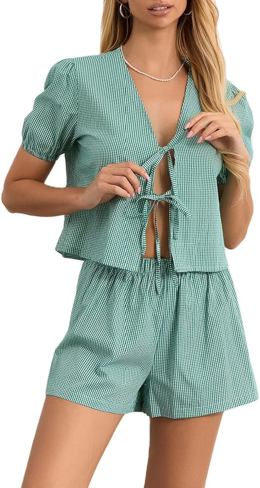 KMBANGI Women Tie Front Shorts Set Peplum Short Sleeve Shirt Gingham Plaid Shorts Y2K 2 Piece Paj... | Amazon (US)