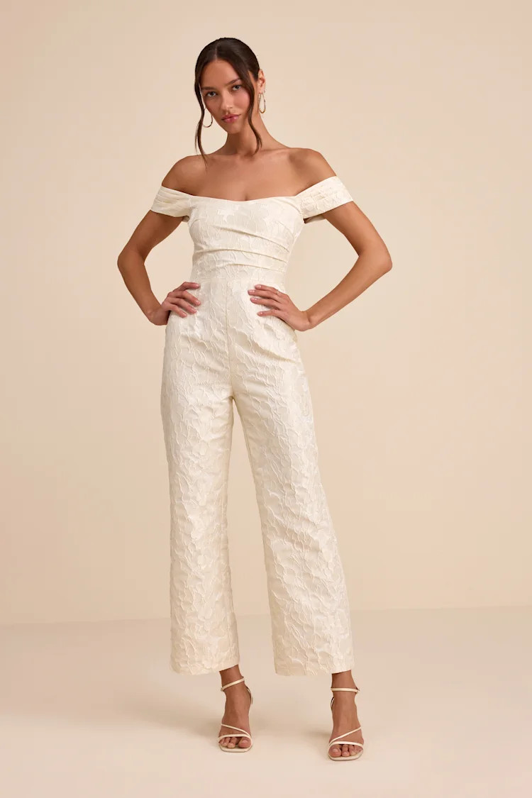 Jaz Ivory Floral Jacquard Off-the-Shoulder Jumpsuit | Lulus