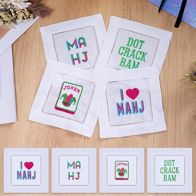 4 Pcs Mahjong Embroidered Napkins, 6 x 6 in Linen White Cocktail Napkins with Letter Patterns, Ma... | Amazon (US)