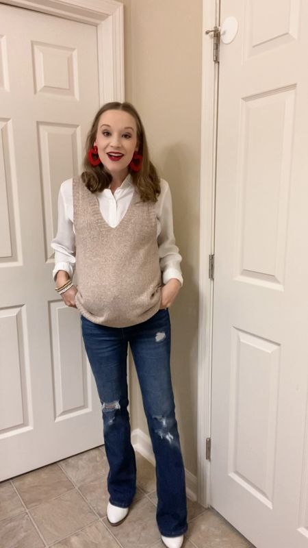 Outfit of the day! ❤️ Church outfit! Casual outfit for church! Walmart style! Walmart fashion! Shein fashion! Valentine’s Day outfit idea!! Sweater vest, white button front shirt, flared jeans, heart earrings! Maternity outfit!

#LTKSeasonal