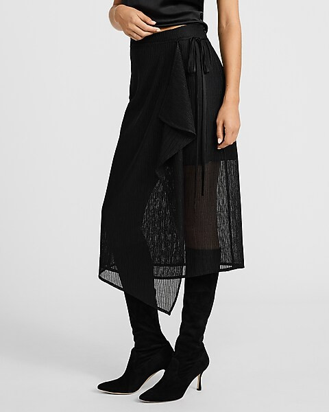 High Waisted Textured Mesh Asymmetrical Wrap Midi Skirt | Express