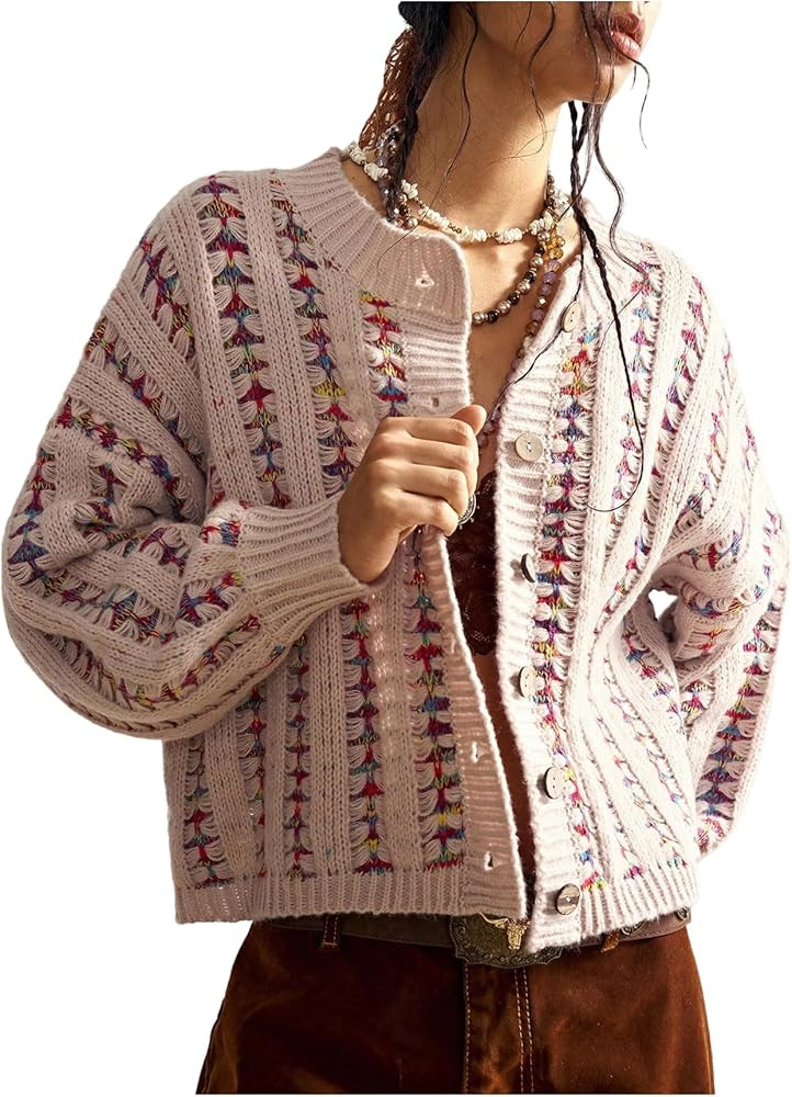 Women's Plus Size Boho Printed Cardigan Sweaters Button Up V Neck Long Sleeve Grunge Punk Knit To... | Amazon (US)