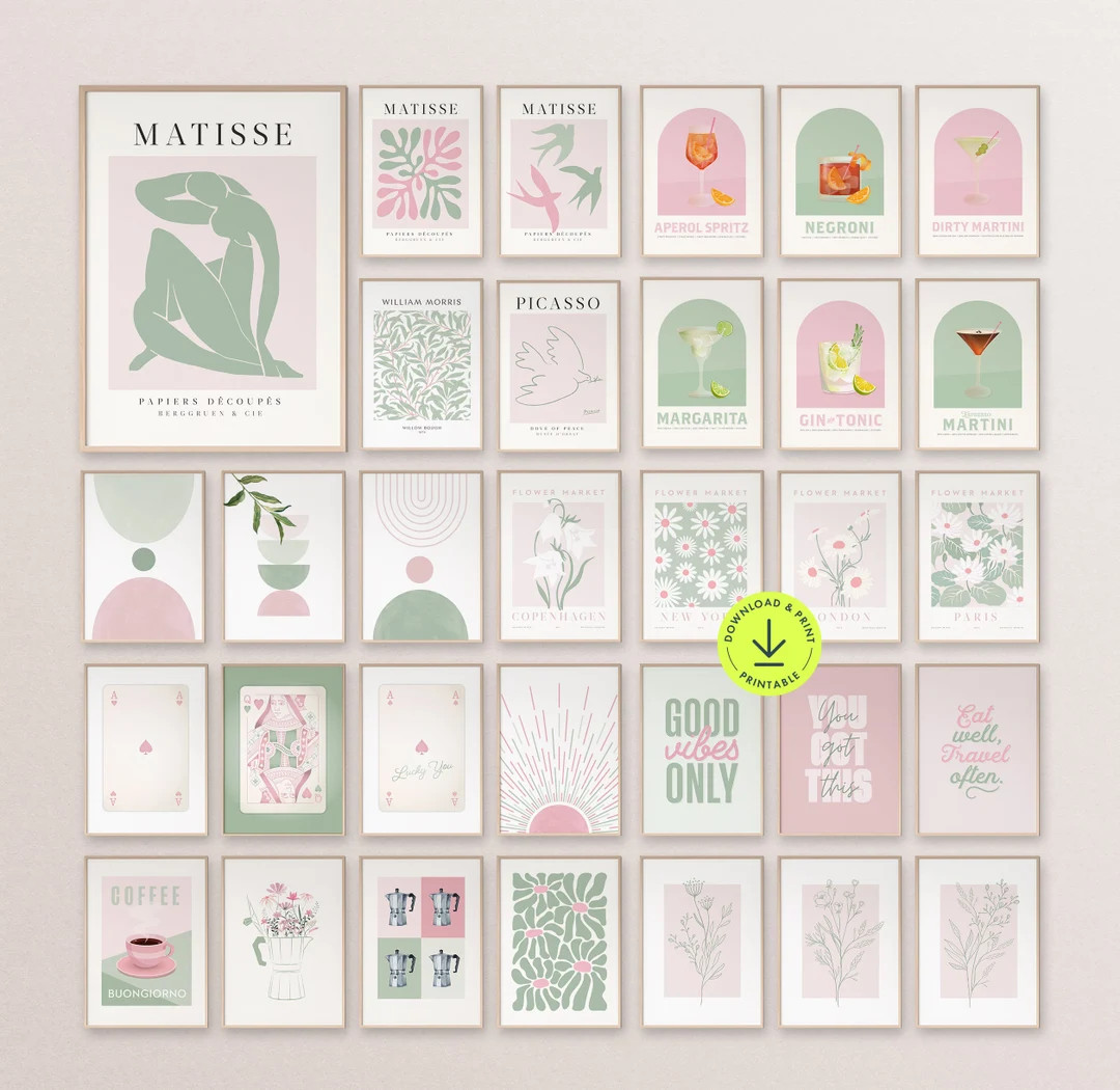 Blush Pink Sage Green Print Bundle Boho Aesthetic Gallery Wall Set Printable Living Room Botanica... | Etsy (US)