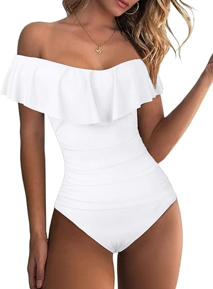 Hilor Women's Off Shoulder One Piece Swimsuits Retro Tummy Control Swimwear Flounce Ruffled Bathi... | Amazon (US)