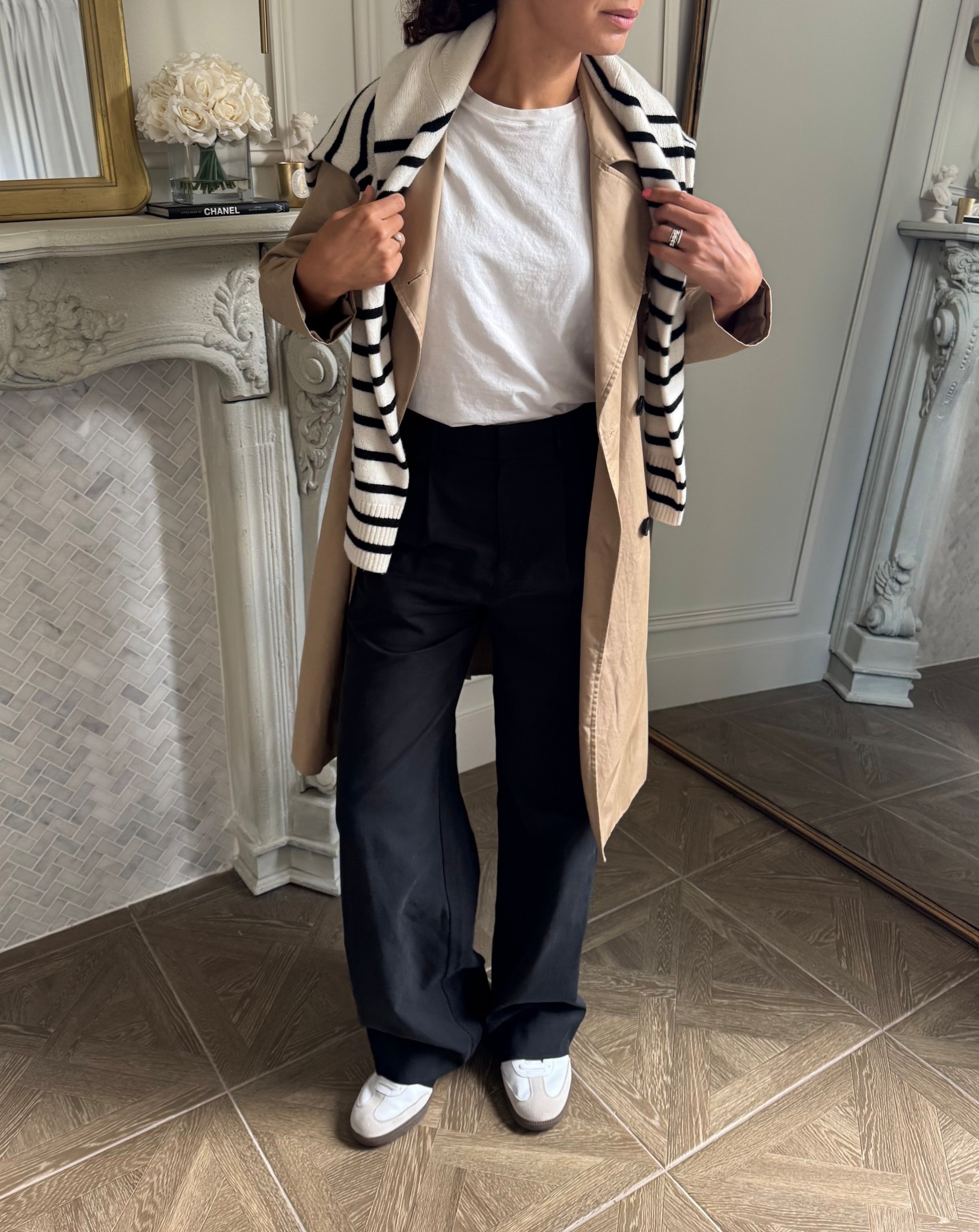 Spring outfit: Trench coat, white t-shirt, black pants, adidas samba sneakers, striped sweater 

#LTKootd