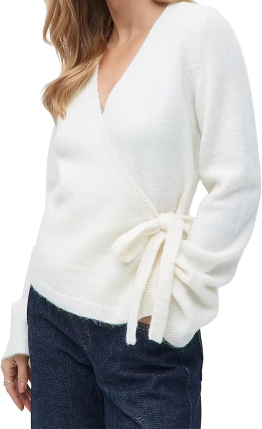 Women Tie Front Wrap Cardigan Elegant V Neck Fitted Cropped Sweaters Casual Fall Knit Quiet Luxur... | Amazon (US)