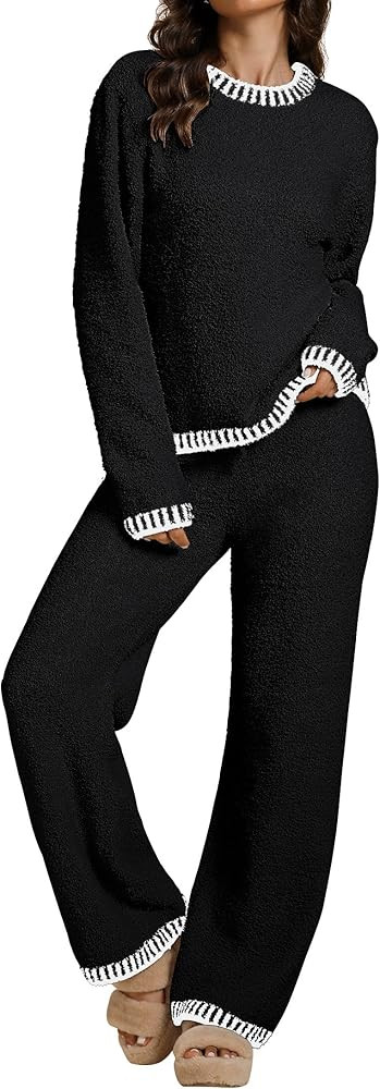 luvamia Two Piece Lounge Sets for Women Fuzzy Long Sleeve Knitted Sweater Contrast Trim Casual Wa... | Amazon (US)