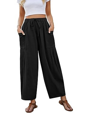 Womens Linen Wide Leg Pants Casual Elastic Drawstring Waist Trousers Beach Palazzo Harem Pants wi... | Amazon (US)