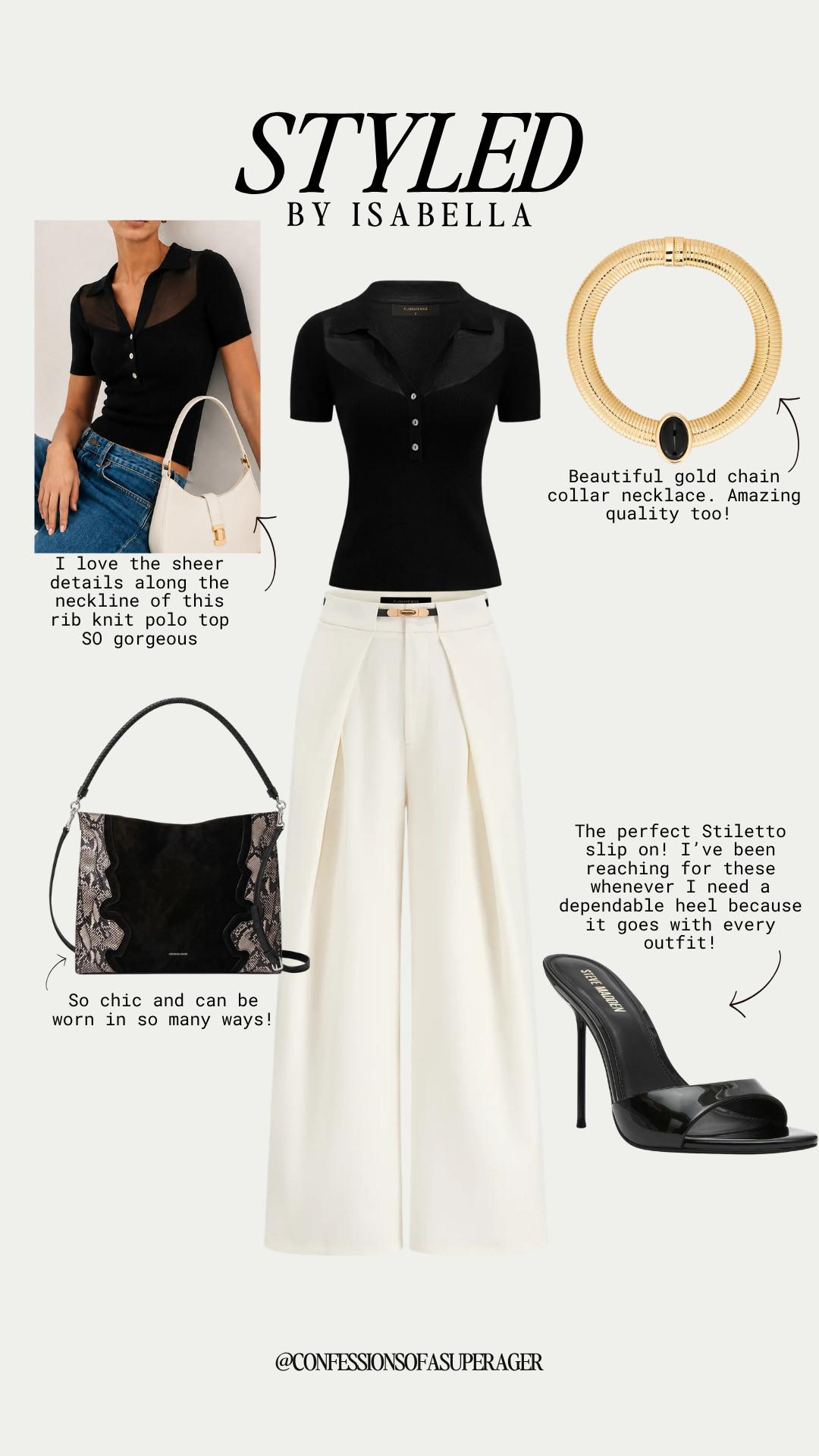 Elevated basics never go out of style 🤍 This black rib knit polo top paired with chic white wide-leg trousers is the ultimate timeless outfit for work, dinner, date night, or effortless everyday style. Finished with a statement gold necklace, sleek shoulder bag, and classic black heels, this is the capsule wardrobe look you'll wear on repeat. Tap to shop all my favorites! ✨ 

 #LTKStyle #LTKFashion #CapsuleWardrobe #QuietLuxury #OldMoneyStyle #MinimalStyle #ClassicStyle #Workwear #OfficeStyle #BusinessCasual #WideLegPants #BlackTop #WardrobeEssentials #TimelessFashion #NeutralOutfit #EverydayStyle #LuxuryStyle #EffortlessChic #FallFashion #FashionOver40 #FashionOver50 #AgelessStyle #ConfessionsOfASuperAger

#LTKootd #LTKSeasonal #LTKOver40