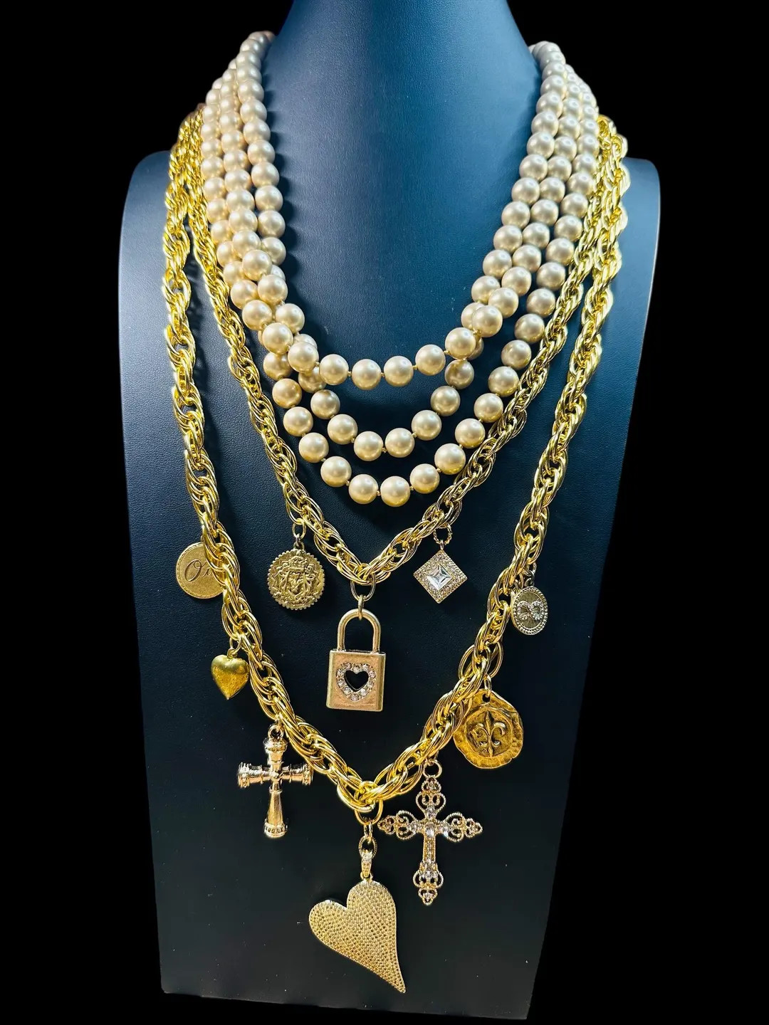 Bijoux de Cœur| Layered Long Gold Charm Necklace Set with Champagne Glass Pearls (2-Piece) | Etsy (US)