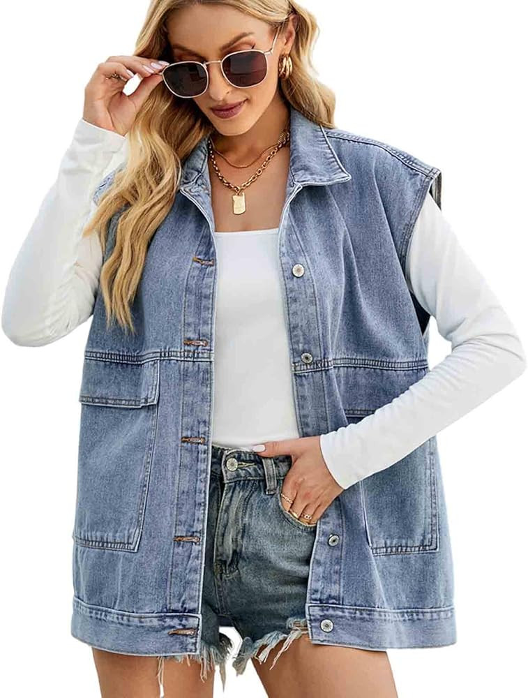 BXCNCKD Women's Denim Jean Vest Oversized Sleeveless Button Down Jean Vest Jacket | Amazon (US)