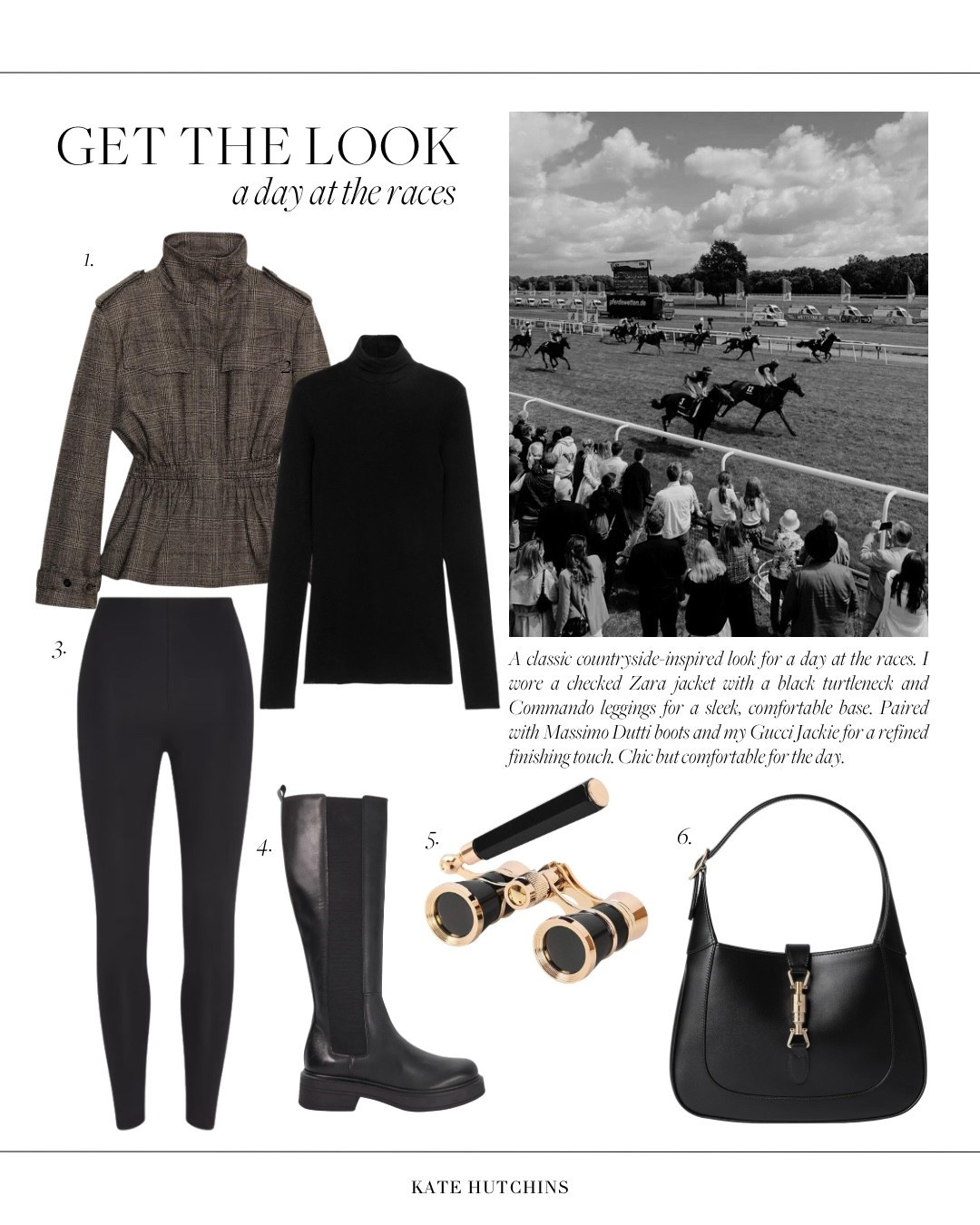 A classic countryside-inspired look for a day at the races. I wore a checked Zara jacket with a black turtleneck and Commando leggings for a sleek, comfortable base. Paired with Massimo Dutti boots and my Gucci Jackie for a refined finishing touch.

#LTKuk