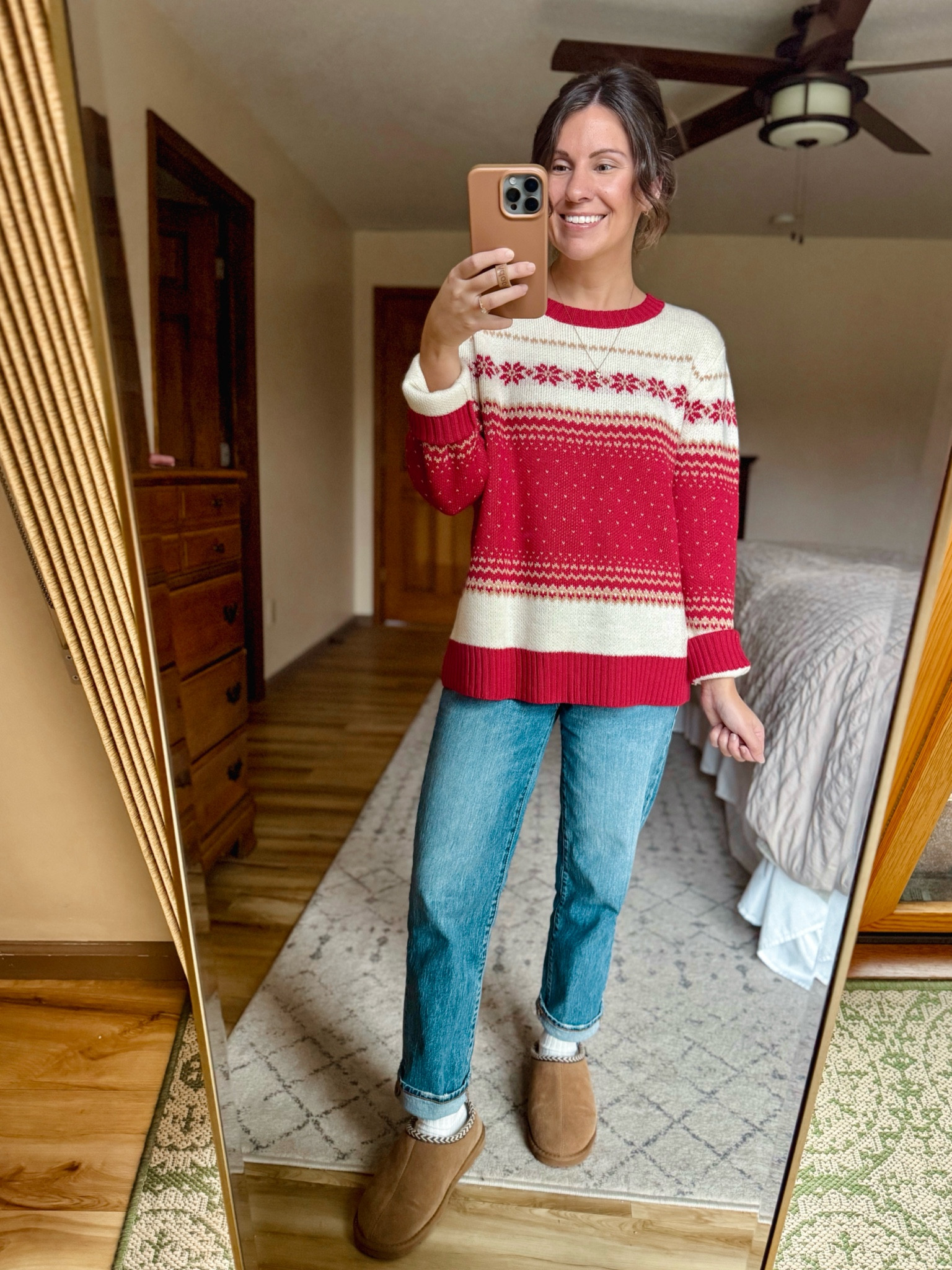 Wearing size xs in this sweater (also linked a bunch of of current festive and fair isle sweaters!) and size 25 in these jeans (also linked a similar pair of my faves!) ! They’re so comfy! My Bearpaw slippers fit true to size 🙌🏽

#LTKFindsUnder100 #LTKSeasonal #LTKHoliday