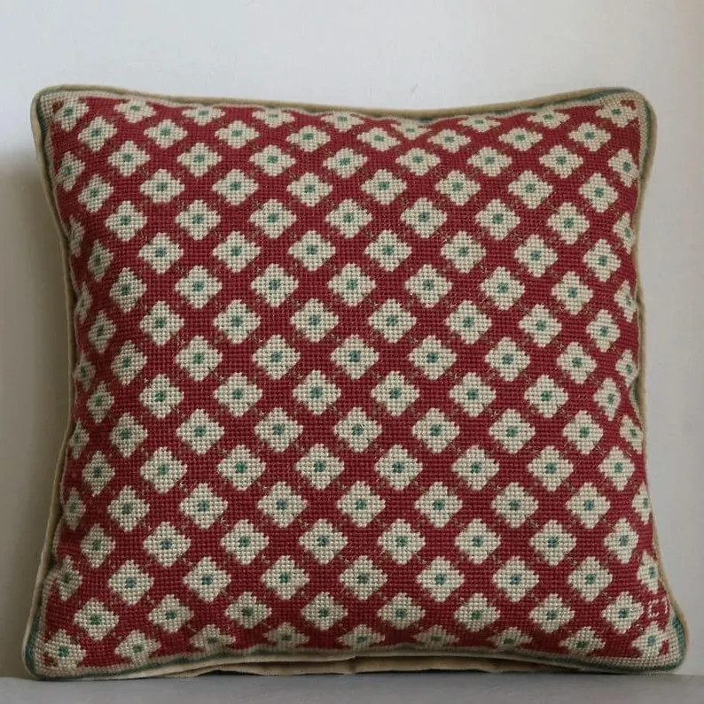 Vintage Needlepoint Pillow | Red & Cream Geometric Floral Cushion, Velvet Backing, Monogram CT, E... | Etsy (Global)